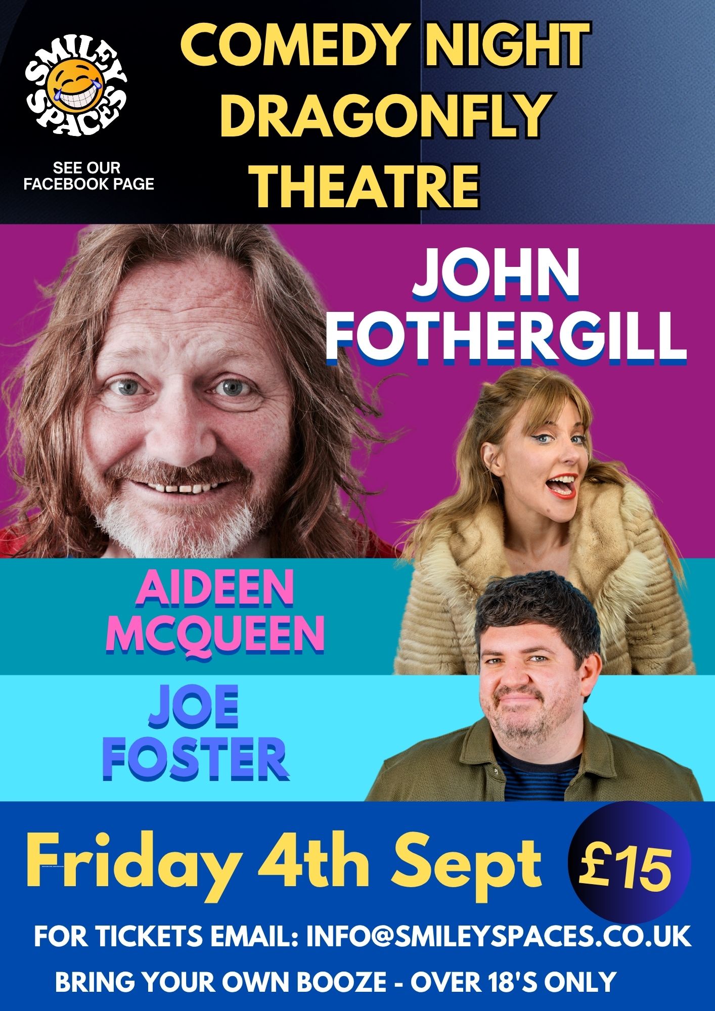 Smiley Spaces comedy night, Radstock, Friday 4 September 2026 — Joe Foster, Aideen McQueen, John Fothergill