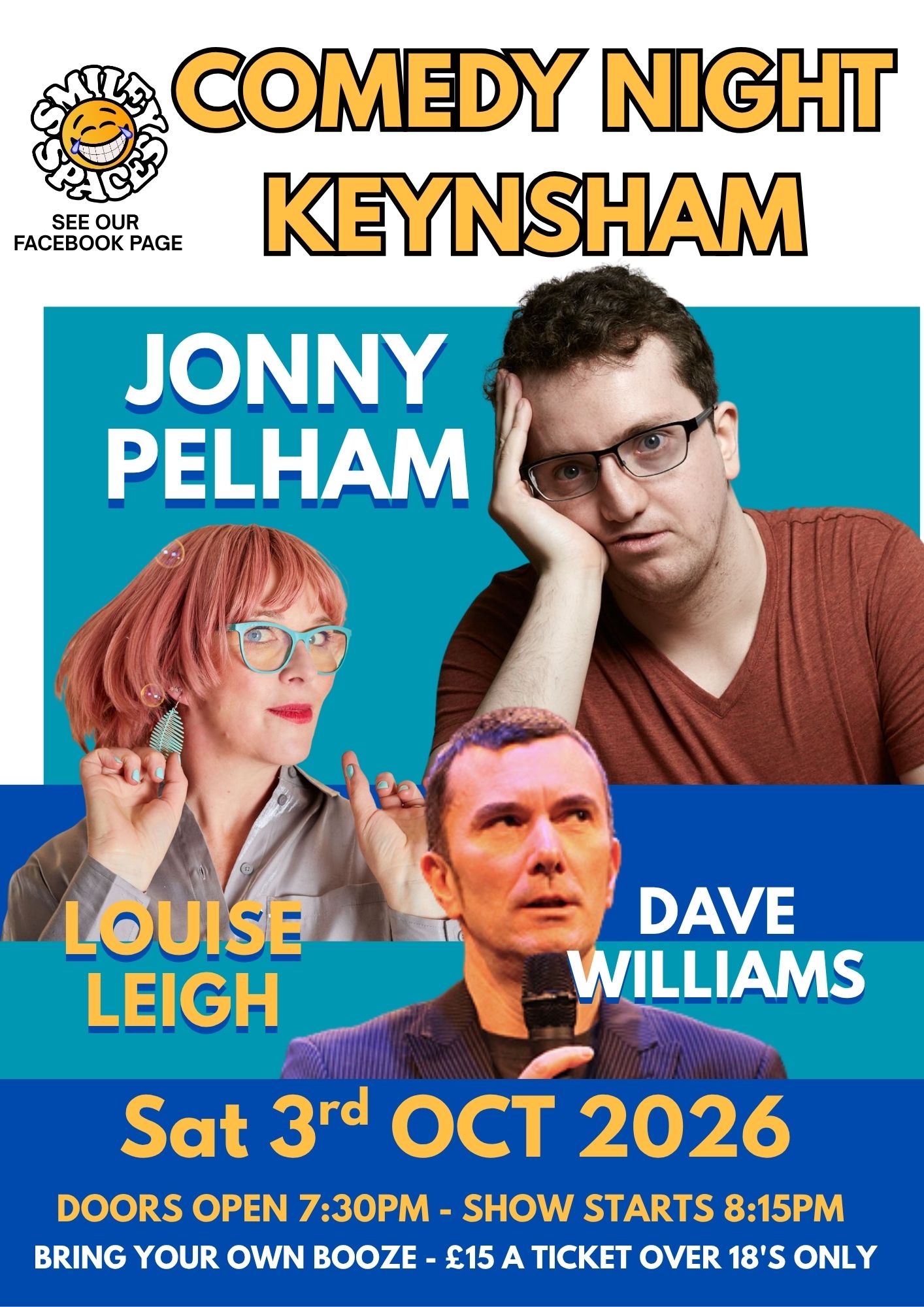 Smiley Spaces comedy night, Keynsham, Saturday 3 October 2026 — Dave Williams, Louise Leigh, Jonny Pelham